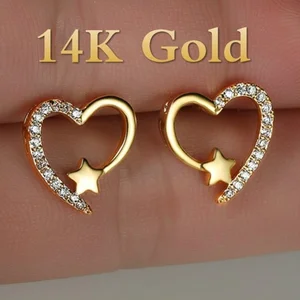 1 par de pendientes de oro amarillo de 14K para mujer, joyería de compromiso con forma de corazón, estrella, zafiro blanco, Diamante, para boda