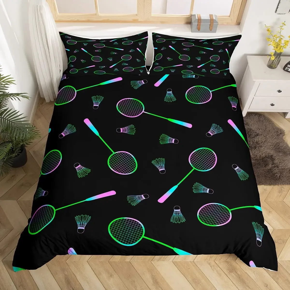 Badminton Duvet Cover Set Kids Badminton Sports Bedding Set Boys Girls Room Decor Ball Games Pattern Black Comforter Cover Sets