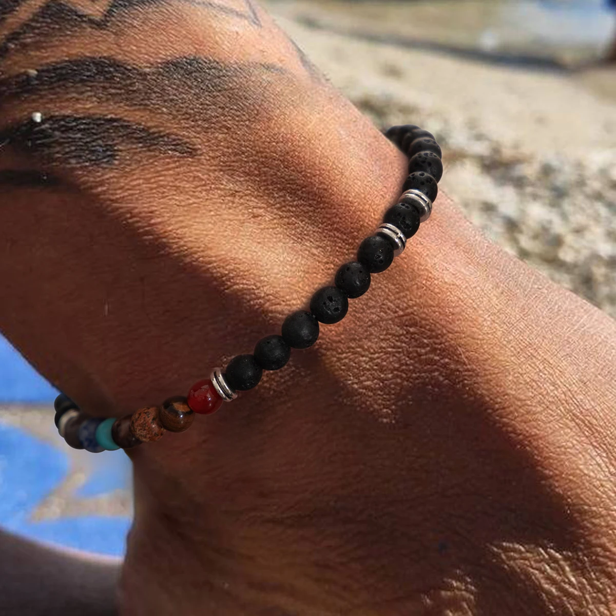 Salircon Fashion Volcanic Stone Glass Beads Anklet for Men Women Classic Adjustable Male Anklet Chain Summer Beach Jewelry ankle chains,beads anklet,fashion accessories