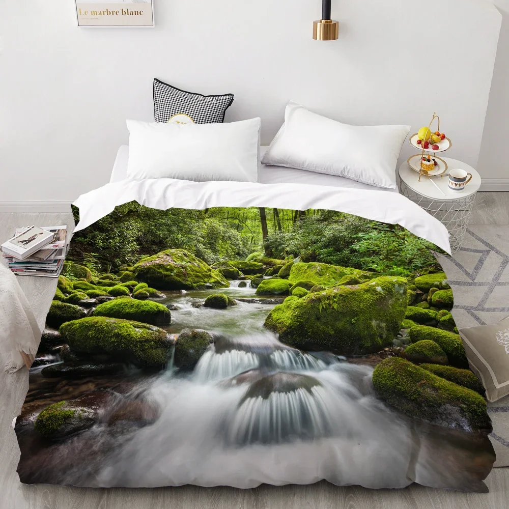 Nature Landscape Duvet Cover King/Queen Size 3D Natural Ink Painting Mountain Bedding Set Forest River Quilt Cover