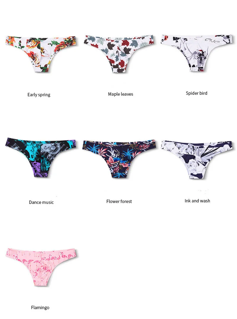 2pcs Men Silk Penis Pouch Briefs Soft Printed Underwear Low Waist Thin Underpants Micro Thong Bikini Breathable Seamless Panties