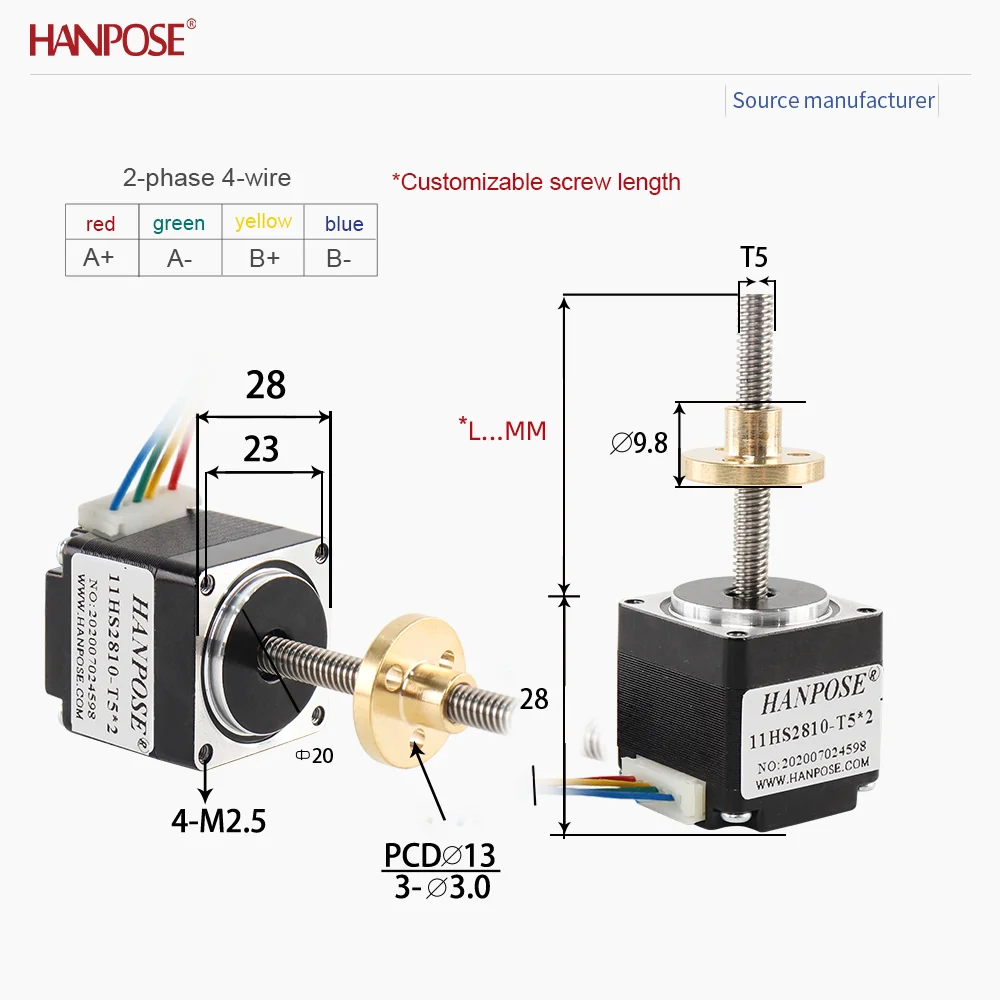 고정밀 스크류 스테퍼 모터, 소형 리니어 스크류 모터, T자형 너트 NEMA11 모델 11HS2810, 토크 0.08N. m