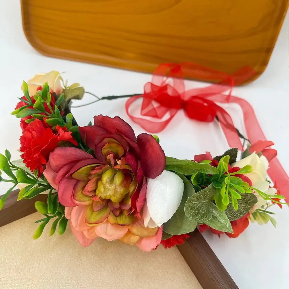 Bohemian Festival Wedding Flower Crown Photo Props Rose Green Leaf Floral Headpiece Headwear for Women Girls