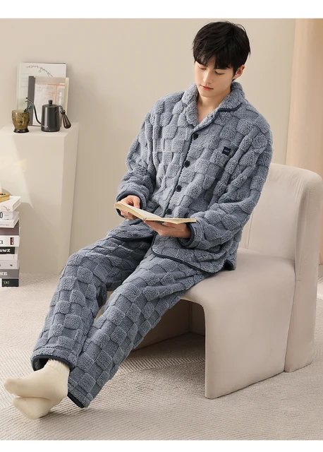 Men's pajamas winter long plush velvet cardigan pyjamas male thick