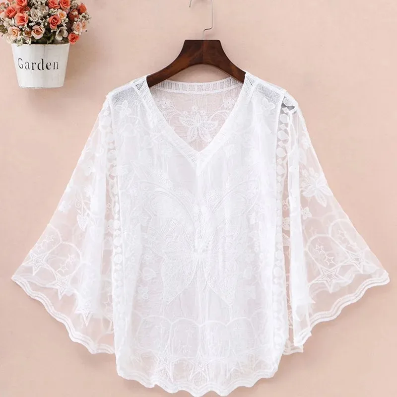 Embroidery Lace White Shirt Woman Summer 2025 Flare Sleeve Elegant Blouse Women Blusas Casual O-neck Tops Female Clothing 25897