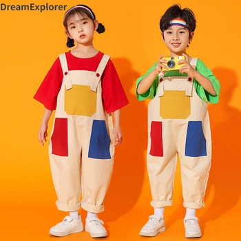 Boys Hip Hop Colored T-shirt Loose Contrast Overalls Girls Patchwork Dungaree Child Jumpsuit Street Dance Romper Kids Streetwear - Image 3