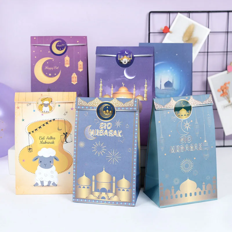 12pcs/set Eid Mubarak Gift Paper Bag Ramadan Star Moon Castle Print