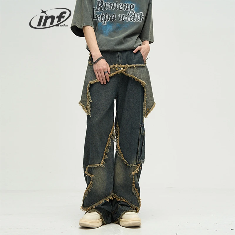 

INFLATION Vintage Fringe Jeans Unisex Distressed Effect Patchwork Star Denim Jeans Mens Trousers Plus Size