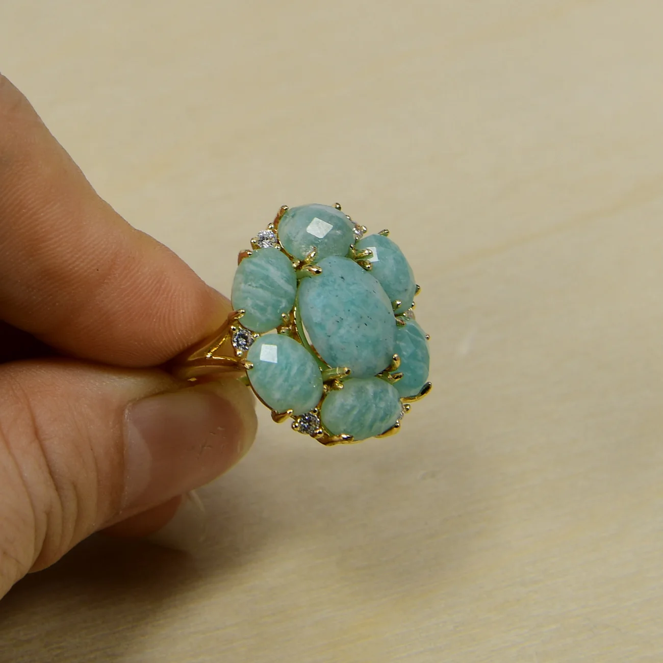 Natural Amazonite Blue Crystal Cubic Zirconia Flower Shape Ring -Fashion Gift
