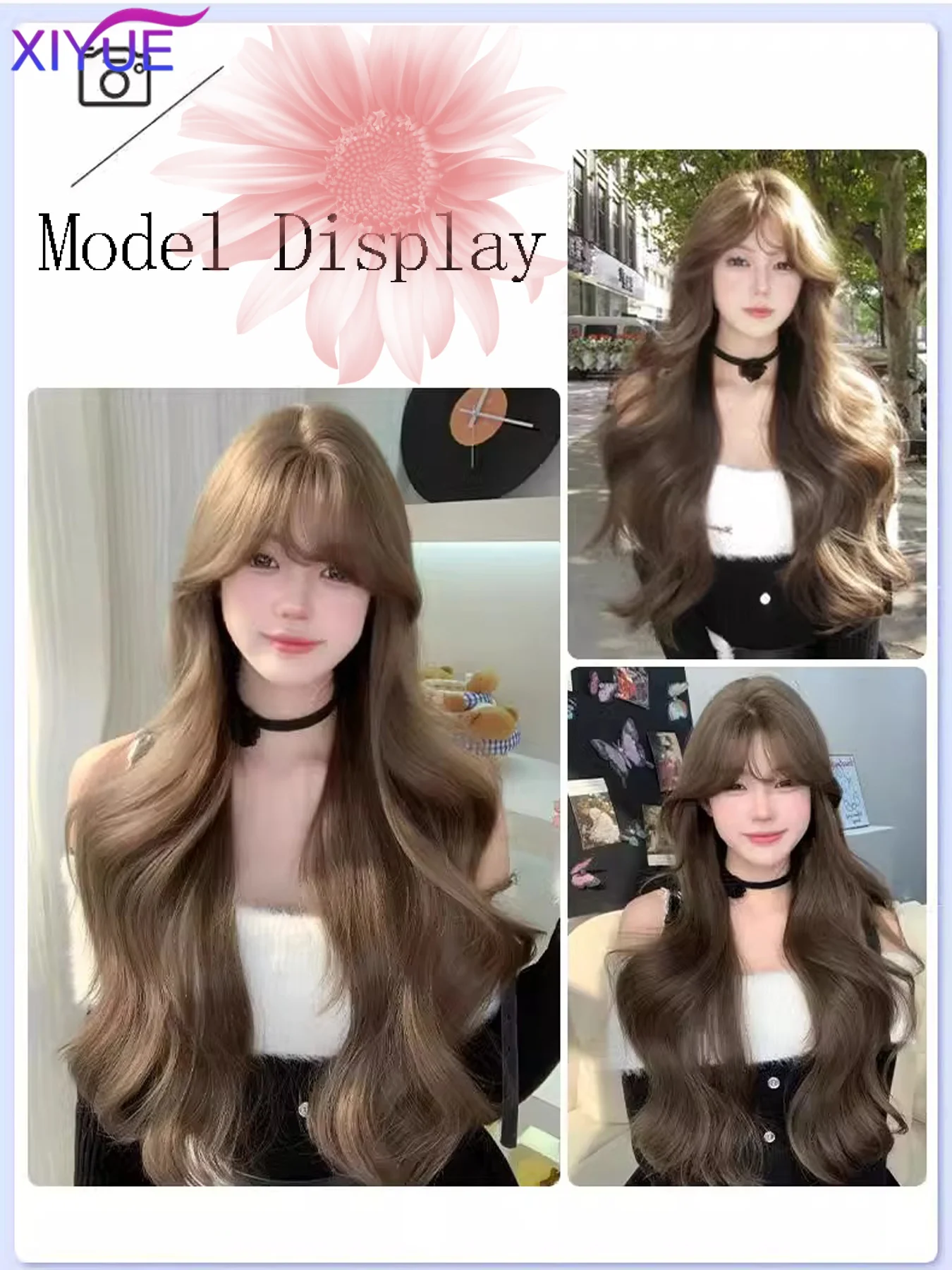 XY Popular  Long Deep Wave Hair Lolita Wigs With Bangs Synthetic Wig For Women Fashion Thick Curls Wigs Girl Hazelnut gray brown