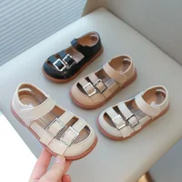 Girls Half Sandals 2024 Spring Summer Fashion New Kids Summer Shoes Leather with Metal Buckles Cut-outs Breathable Popular Soft 1