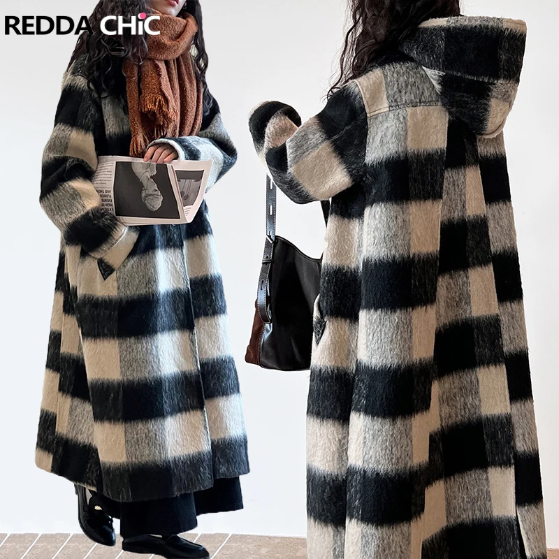 

ReddaChic Turtleneck Hooded Plaid Woolen Long Tweed Coat for Women Slit Back Elegant Windbreaker Office Lady Casual Statue Outer