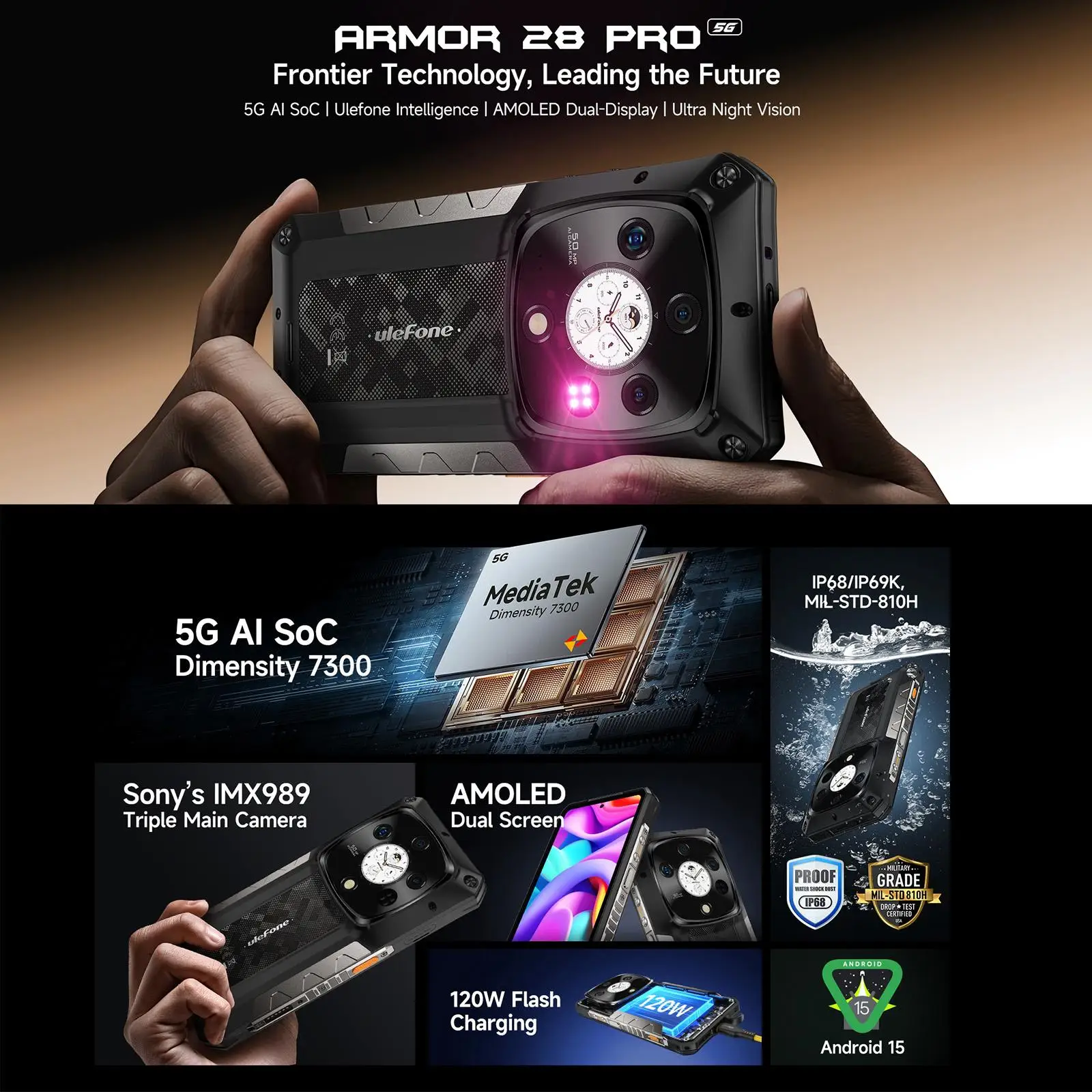 Ulefone Armor 28 Pro 5G AI Rugged Phone 16GB+512GB 10600mAh 6.67'' AMOLED Android 15 64MP 120W Dimensity 7300 Smartphone