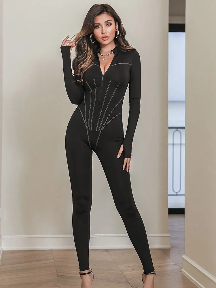 

Evelyth Sexy Sheath Jumpsuits Striped Spliced Zipper Full Sleeve V Neck High Waist Rompers Women Clothing Sporty Casual Overalls