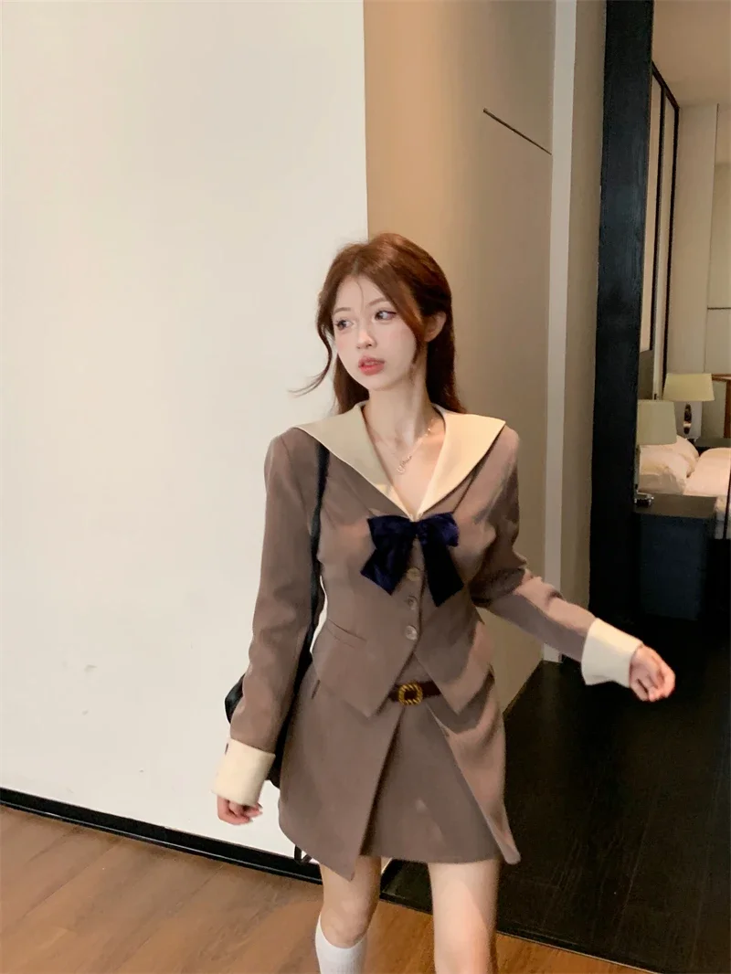 

UNXX Sailor Collar Niche Design Waist Slimming Blazer Jacket Vintage Brown Midi Skirt Set Women Female Office Lady Girl Suit Set