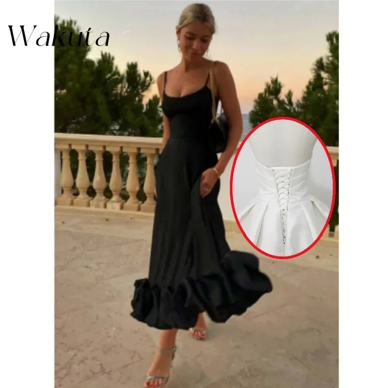 Wakuta Exquisite Square Collar Sleeveless Satin Dresses Ruffled Hem Formal Dinner Cocktail Party A-Line Vestidos De Graduaci&oacute;n