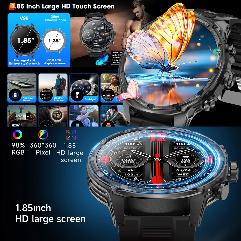 2026 new Outdoors Smart Watch 1.85''hd screen 710mAh Large battery Bluetooth call Health monitoring Sports Modes Waterproof GPS 3