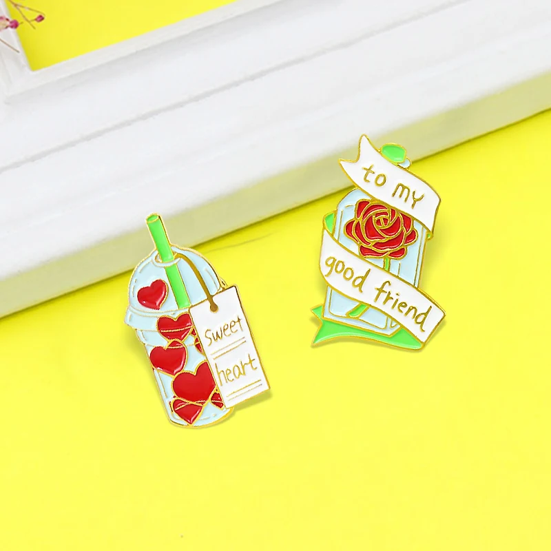 

my good friend Banner Enamel Pins Rose wine Drinks Couple Brooches For Friends Lapel Badge Jewelry Wholesale Sweet heart to