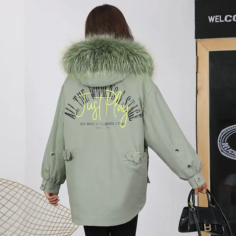 Pai Conquer Women's New Style Fur Raccoon Dog Fur Collar Rex Rabbit Fur Sleeves Full Length Medium Length Fur Coat