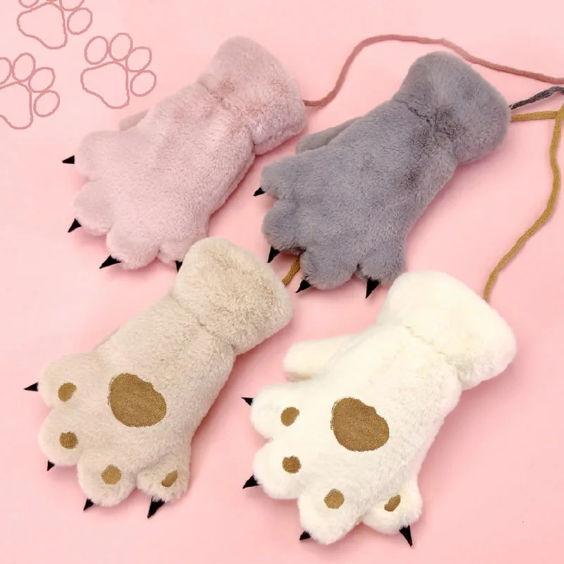 Winter Kids Gloves Cute Cat Claw Paw Children Soft Plush Mittens For Girls Boys Parent-child Velvet Warm Fluffy Bear Gloves
