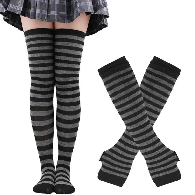 Womens Striped Thigh High Stockings Arm Sleeve Gloves Set Ladies Girl Pink Black White Long Over Above Knee Socks Cosplay Lolita images - 6