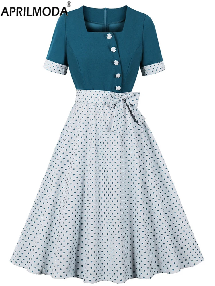 

2024 Blue Polka Dot Print Vintage Patchwork Summer Swing Women Dress with Bow Elegant 1950s 60s Short Cocktail Gowns Midi Dress