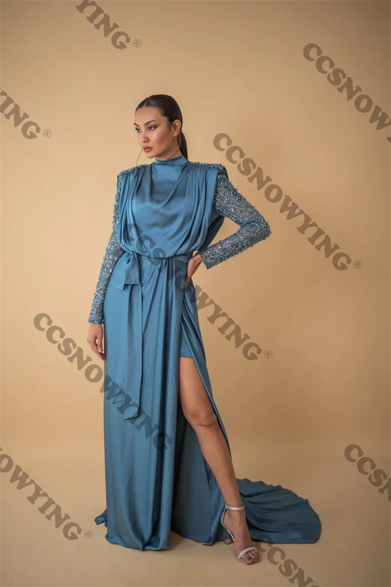 

Long Sleeve Evening Dresses High Slit Satin Beaded A Line Formal Party Gown Prom Dress High Neck Arabic Dubai Robe De Soiree