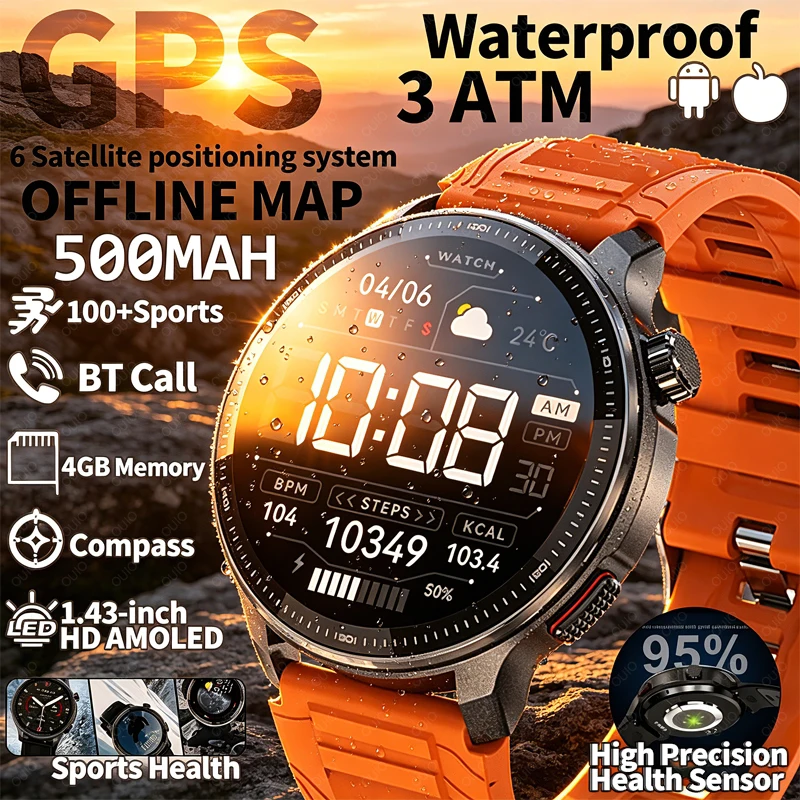 2026 New Upgraded GPS Military Sports Smart Watch 500mAh 1.43-inch AMOLED Compass Altimeter Call 3ATM Waterproof Sports Watch 1