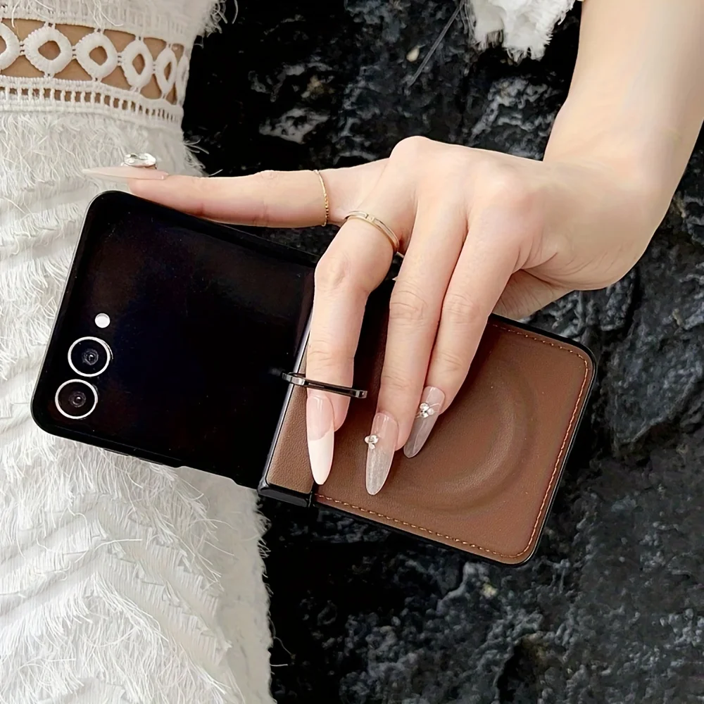 Elegant Artificial Leather Phone Case with Magnetic Ring Holder and Stand - Shockproof Solid Color Back Cover