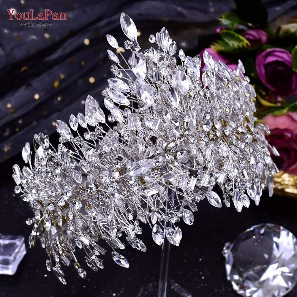 YouLaPan HP372 Silver Crystal Crown for Bridal Wedding Hair Accessories Bride Tiara Handmade Woman Headband Pageant Headdress
