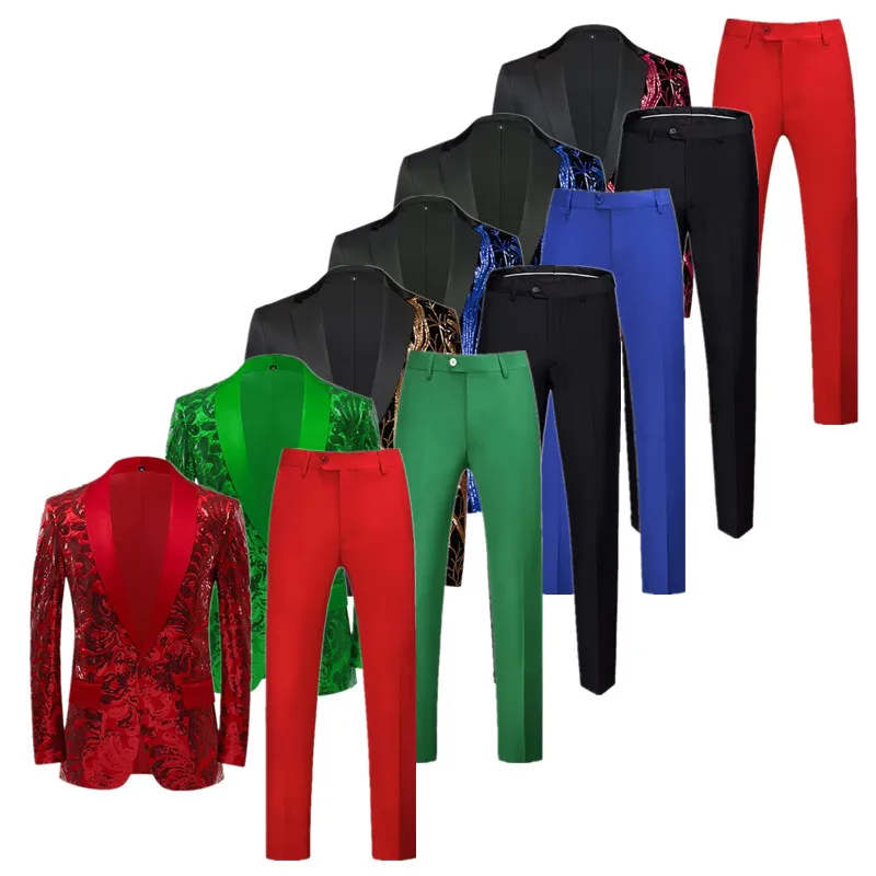 Mens Suit Fashion Men Sequin Suit Gold / Green Men Luxurious Wedding Dance Party Stage Perform Dress Male Blazer Trouser