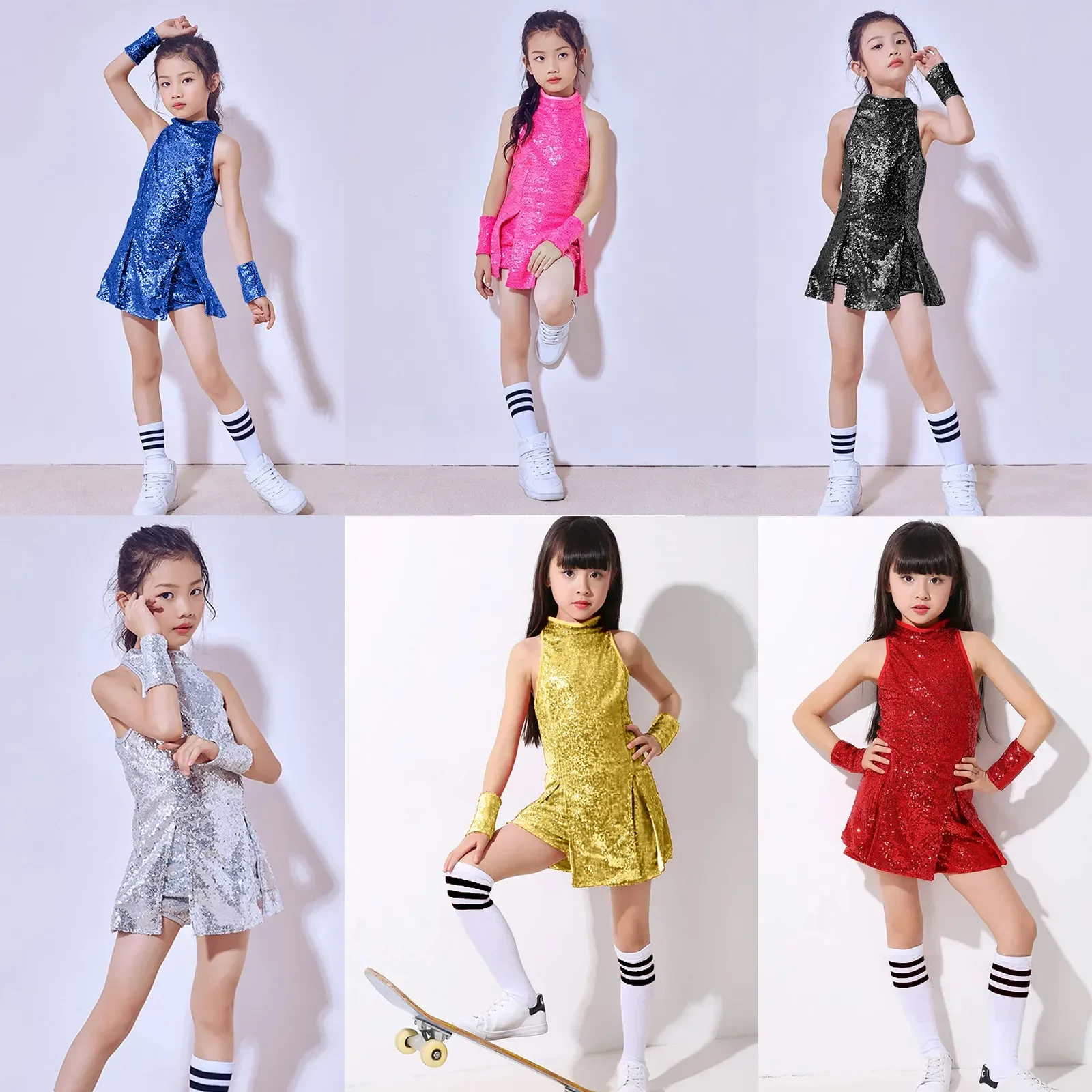 

5-12 Years Girls Sequins Cheerleading Dress with Socks Jazz Modern Street Dance Hip-Hop Performances Costumes