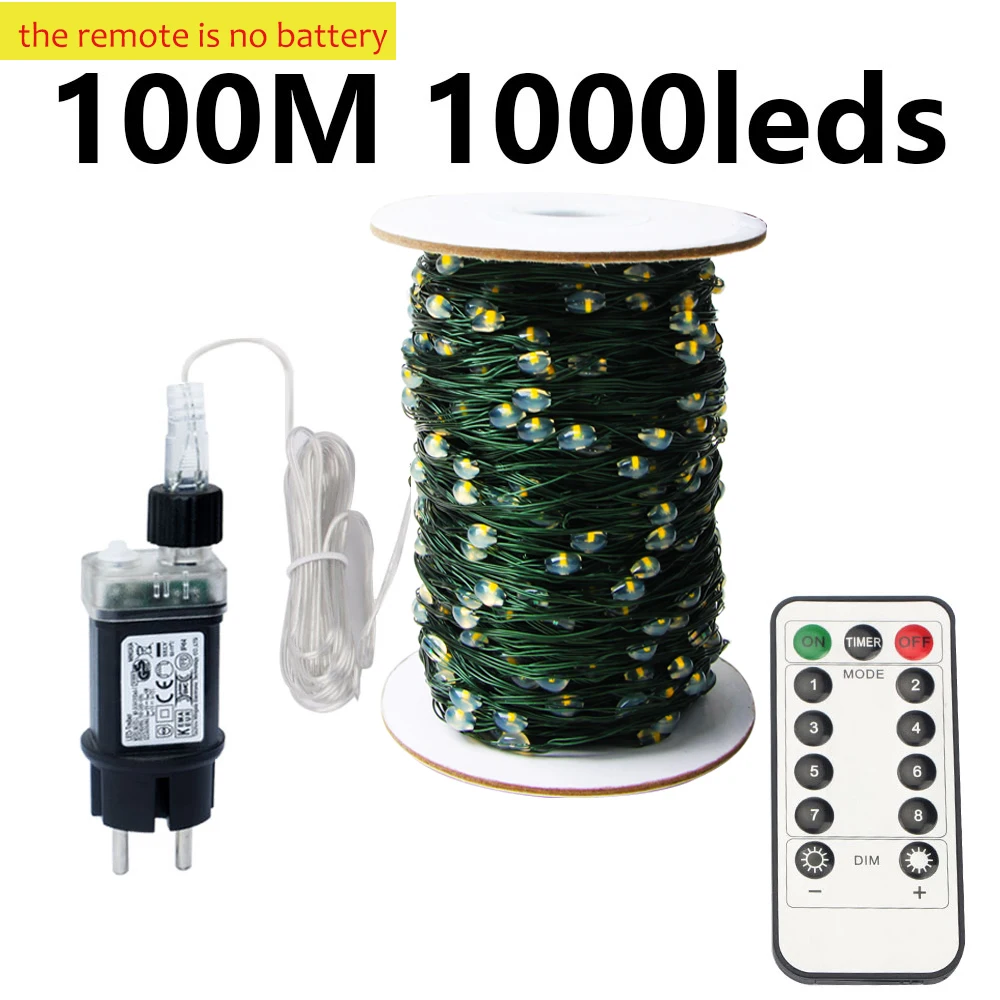 thumbnail image 1 of Guirnalda de luces LED de 100 m con alambre verde, guirnalda navideña para exteriores, hogar, árbol de Navidad, decoración de fiesta callejera, 1 of 5