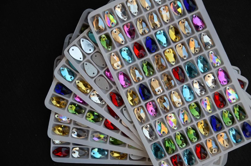 

Mix Colors Glass Crystal Teardrop Sew On Stones Flatback 2 Holes Multi Colors Sewing Crystals 7*12mm,10.5*18mm,13*22mm,17*28mm