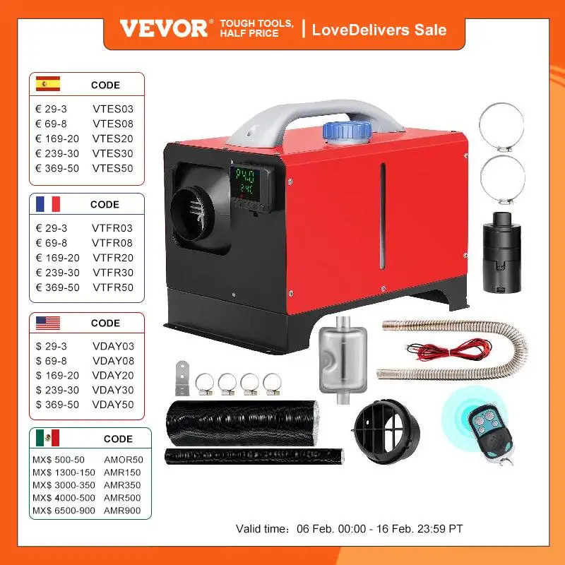 Vevor Riscaldatore Ad Aria Diesel 12V, Riscaldatore Di Parcheggio, Riscaldatore Per Camion Per Auto 8Kw Monoforo Con Schermo Lcd, Colore Rosso, Riscal