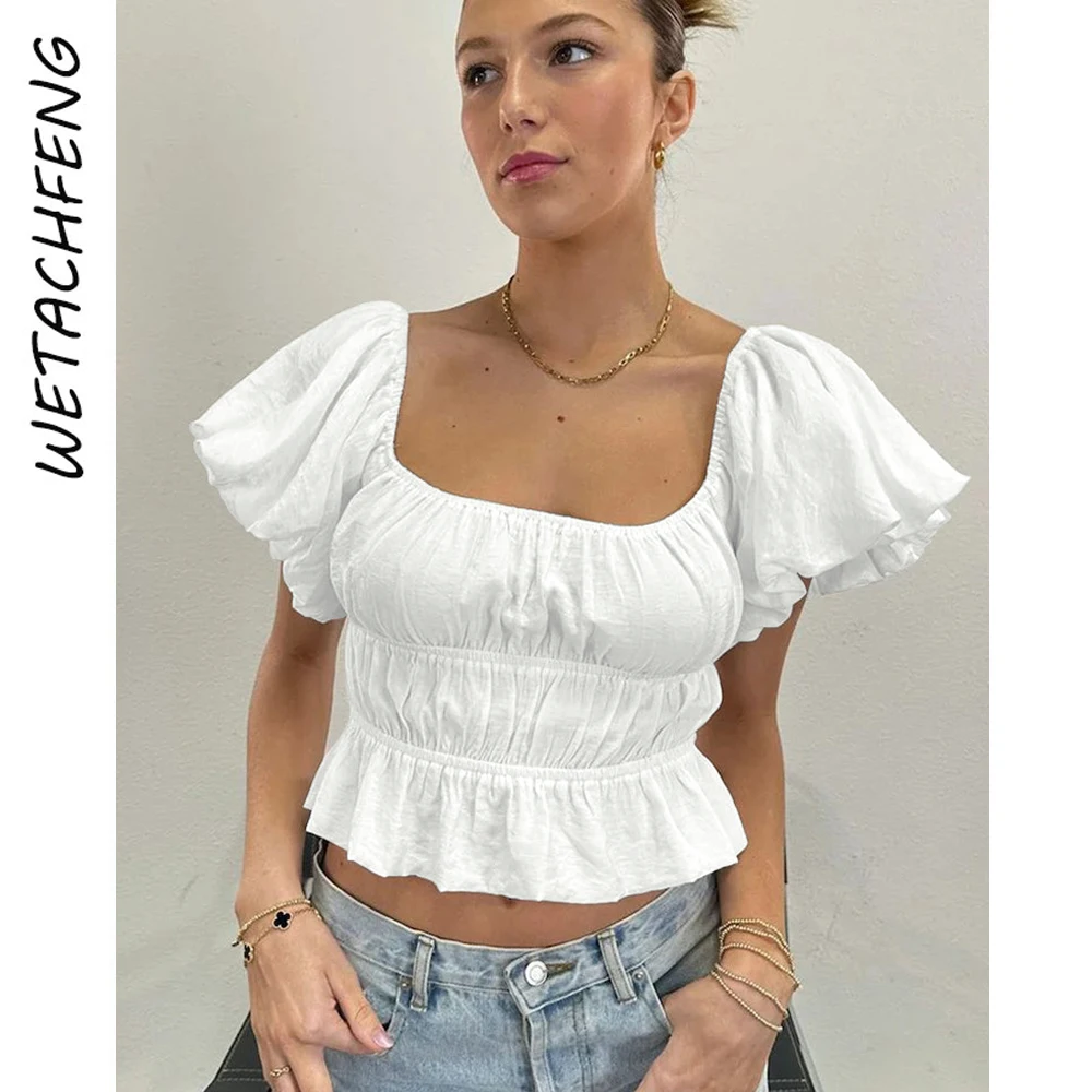 

Summer Fahsion New Sexy Blouses Women Slash Neck Backless Ruffles Folds Chiffon T Shirts Streetwear Elegant Y2K Blusas Clothes