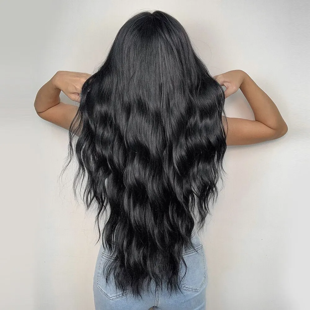 Black Wave Wigs for Women Long Natural Curly Wig Middle Part Synthetic Wig Heat Resistant Hair Daily Party Use_voghion.com