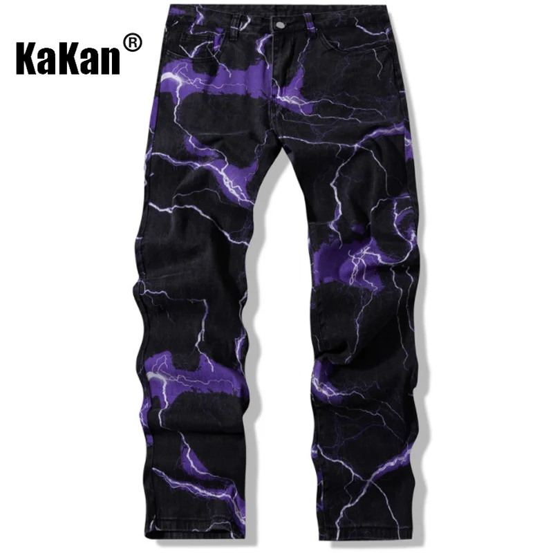 Kakan - New Lightning Printed Tie Dyed Jeans From Europe and America for Men, Street Trend Loose Fitting Straight Length Jeans53