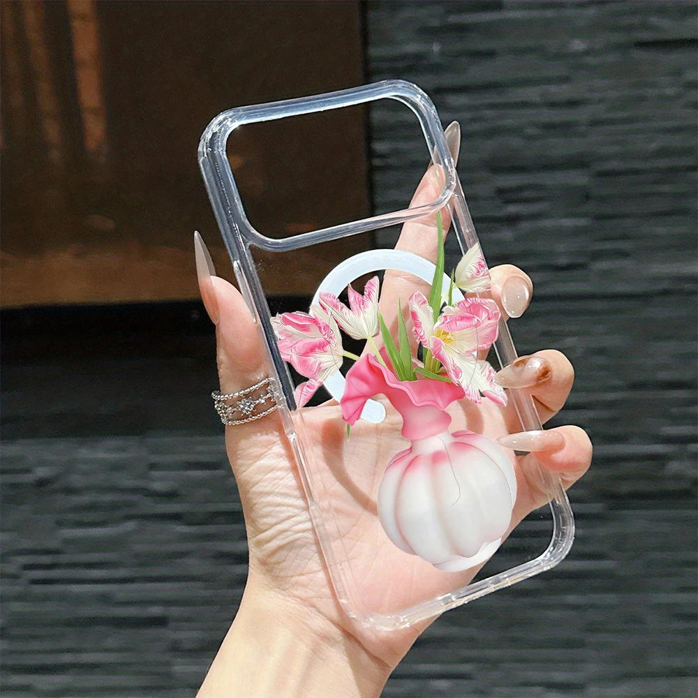 Elegant Pink Tulip Magnetic Transparent Phone Case Cover
