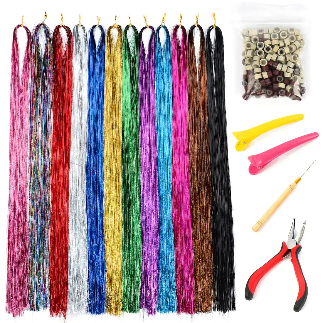 Synthetic Fairy Hair Tinsel Kit With Tools 48inch Glitter 13colors 2600