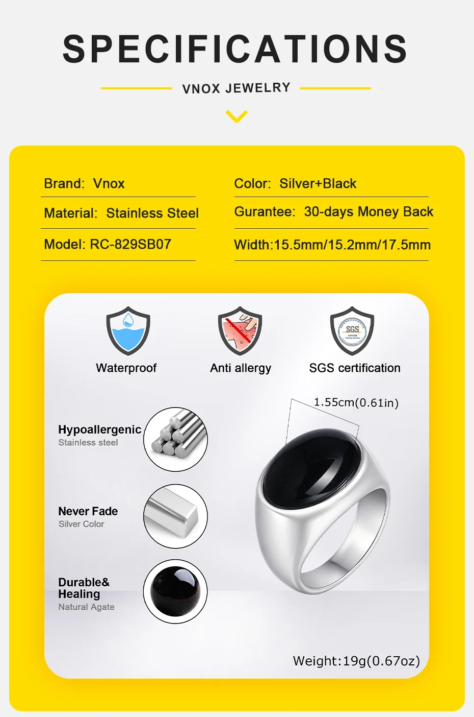 Vnox 15,5/17,5 mm klobige ovale Achatstein-Siegelringe für Herren, brüderliche Ringe aus Edelstahl, poliertes Comfort Wear-Fingerband – Detail 5