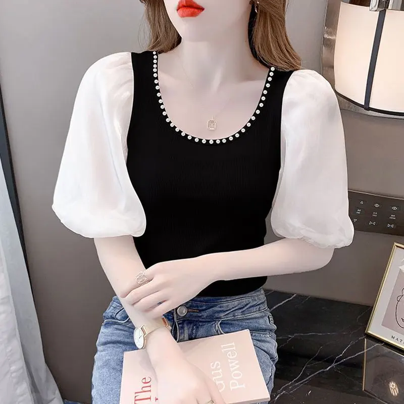 Sweet Puff Sleeve Blouse Stylish Beading U-Neck Women's Clothing All-match Solid Color Patchwork Slim Summer Short Sleeve Shirt