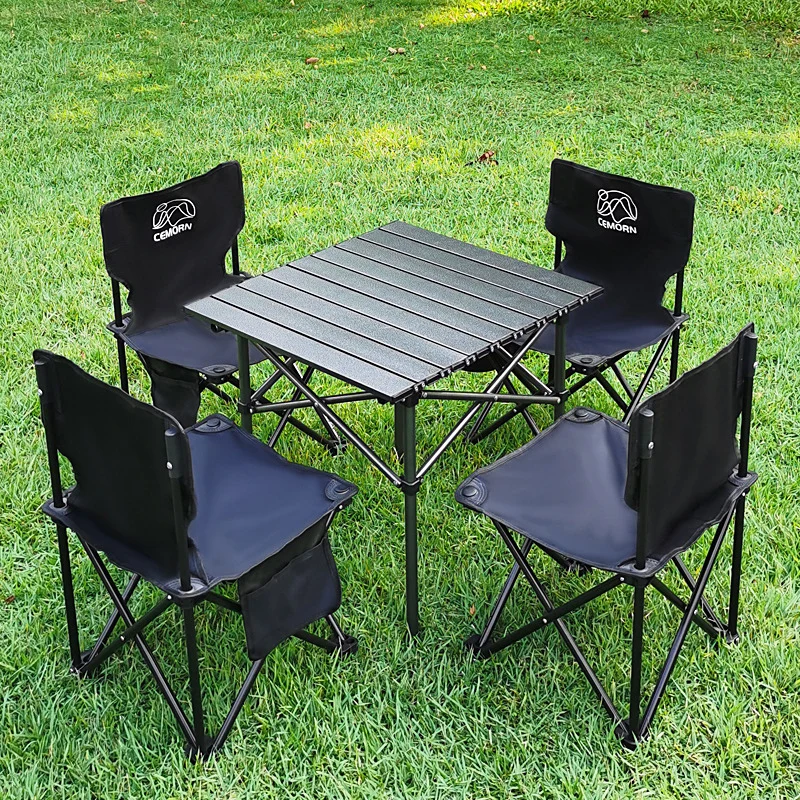 

Outdoor Folding Table And Chair 5-Piece Set Black Table And Chair Portable Patio Beach Picnic Self-Driving Table And Chair Set