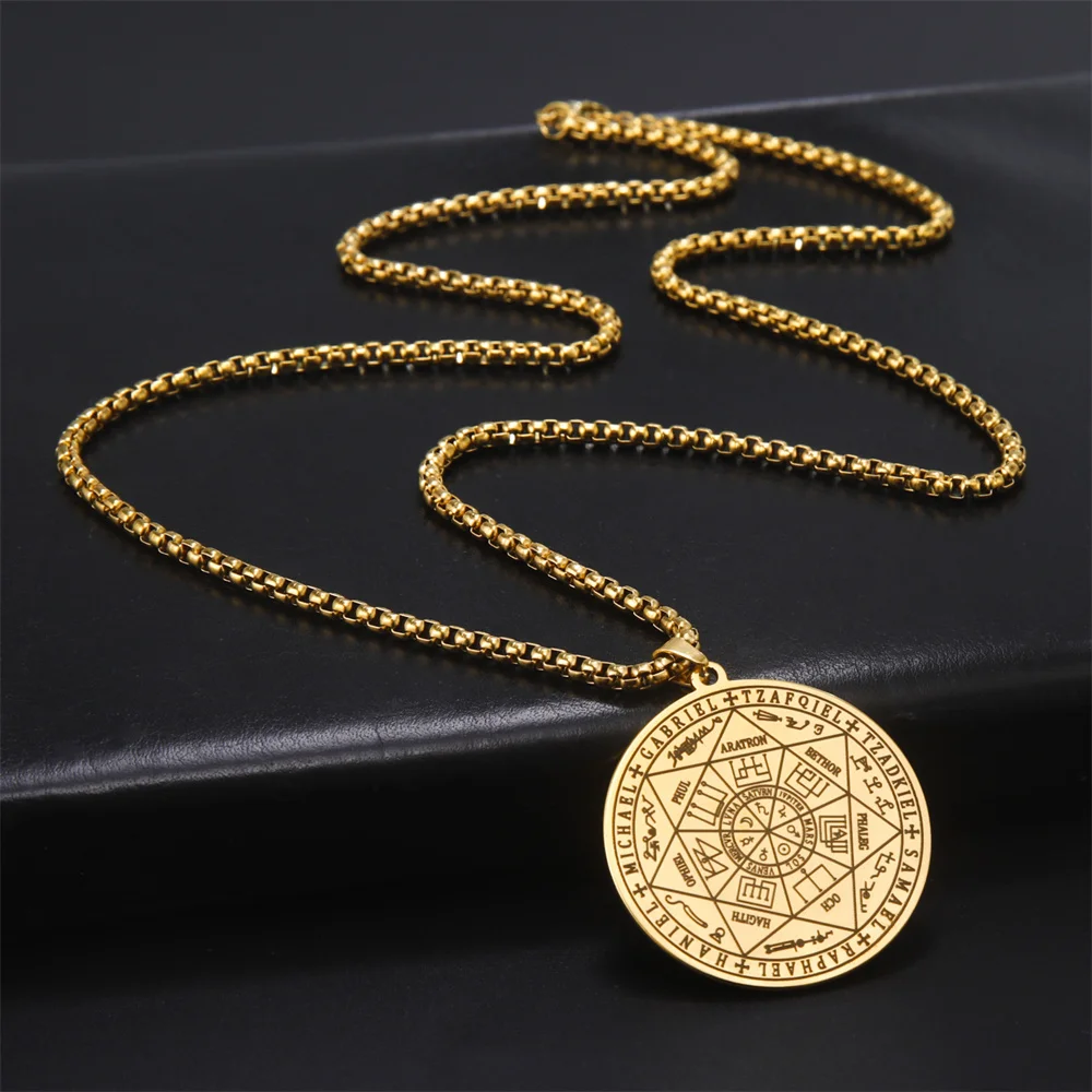 My Shape 7 Archangels Sigil Talisman Necklaces Men Boys Seal of Solomon Pendant Chain Stainless Steel Religious Amulet Jewelry