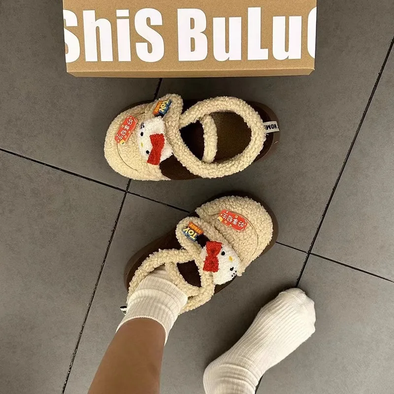 

Модные зимние сапоги Sanrios с мультяшными Hello Kitty для девочек, новинка, кашемировая утепленная одежда для девочек, теплая Повседневная хлопковая обувь с надписью Love, подарки