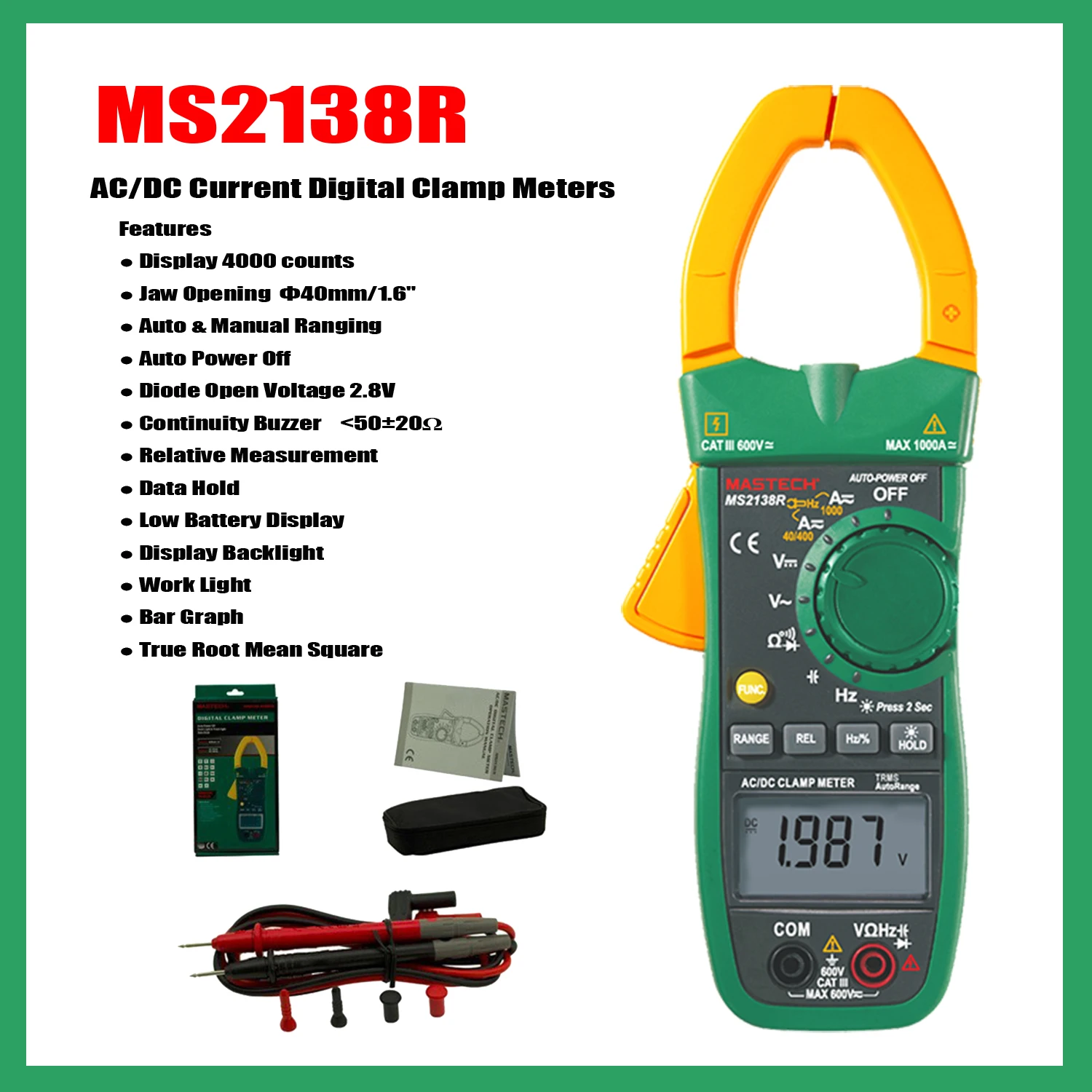 

MASTECH MS2138 MS2138R Цифровые токоизмерительные клещи переменного/постоянного тока; Зуммер непрерывности менее 50 ± 20 поле; Относительное измерение; Удержание данных.