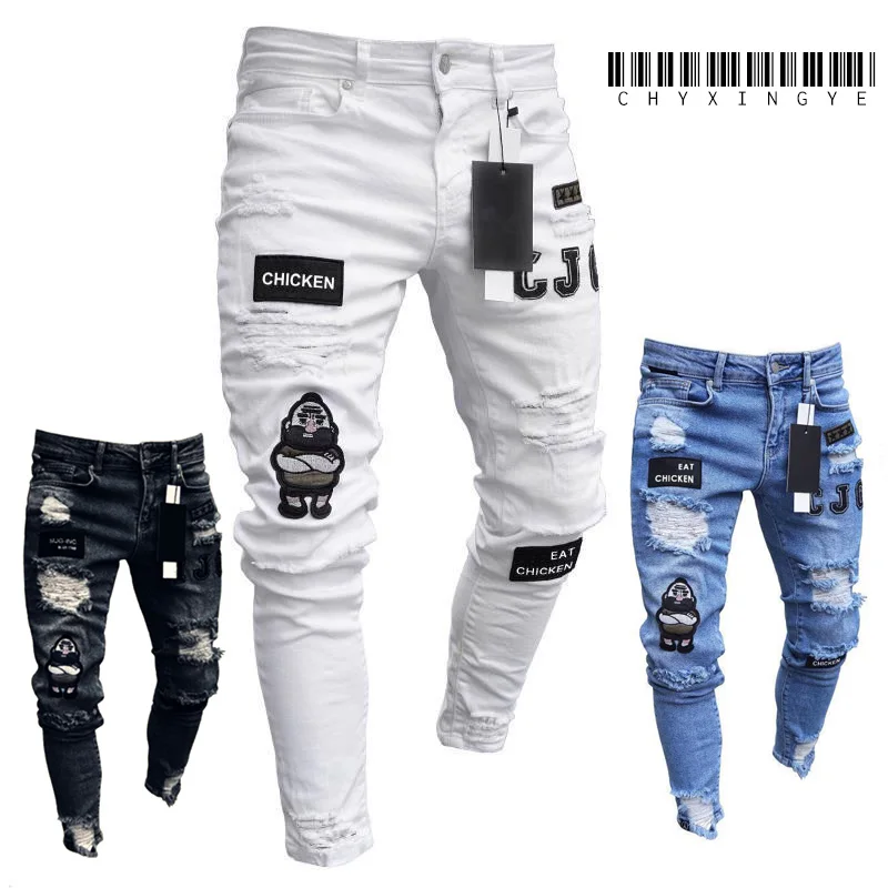 new White Embroidery Jeans Men Cotton Stretchy Ripped Skinny Jeans High Quality Hip Hop Black Hole Slim Fit Oversize Denim Pants