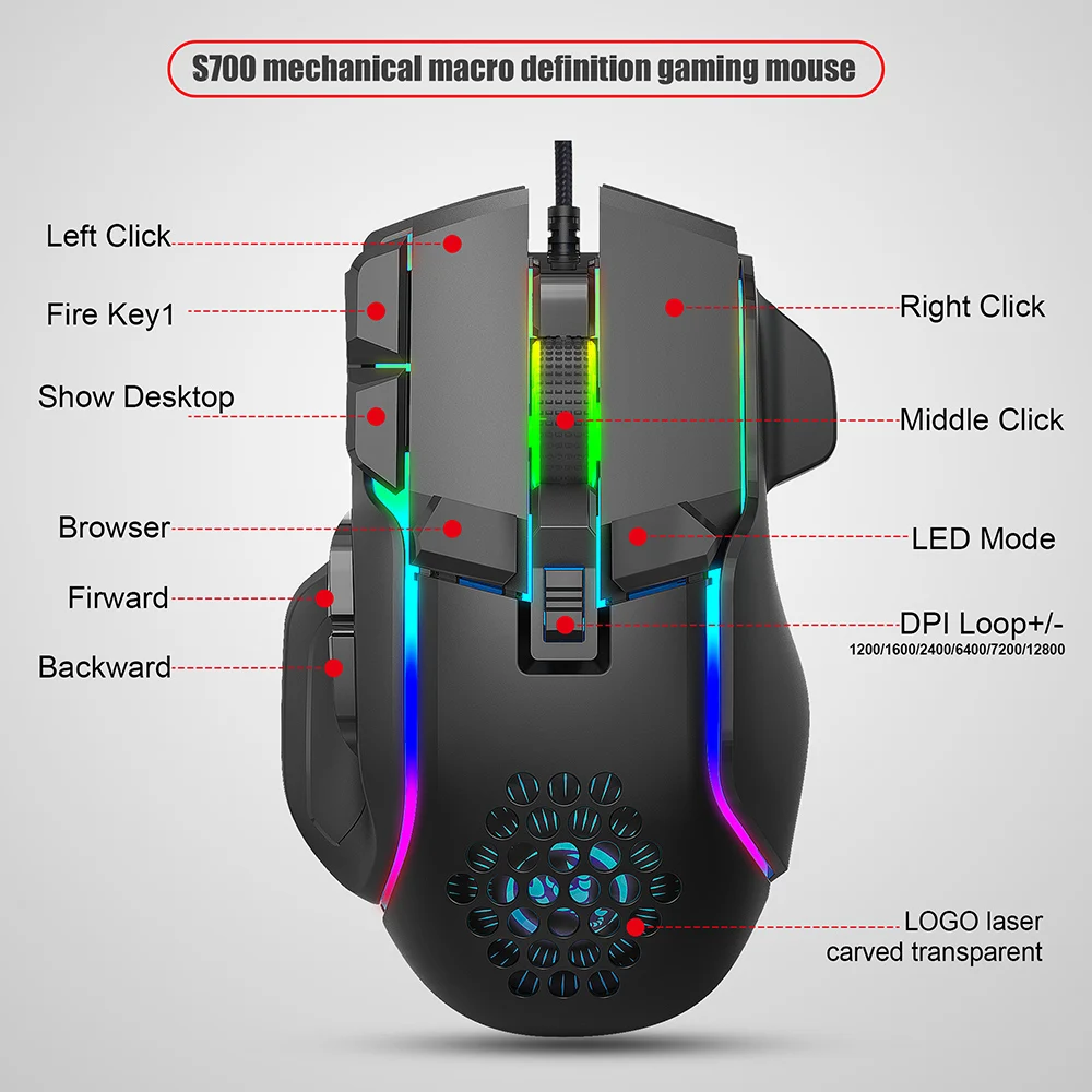Usb Gaming Mouse Mouse de Computador Rgb Backlight Mause Gamer 10 Botões de Programação 7200dpi Ergonômico Gaming Mouse para Computador Novo