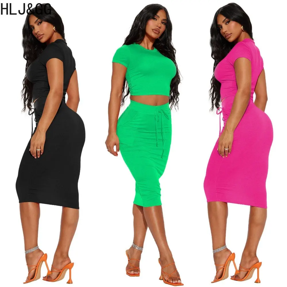 HLJ&GG Casual Solid Color Drawstring Skirts Two Piece Sets Women Round Neck Short Sleeve Crop Top+Skirts Outfits Female Clothing