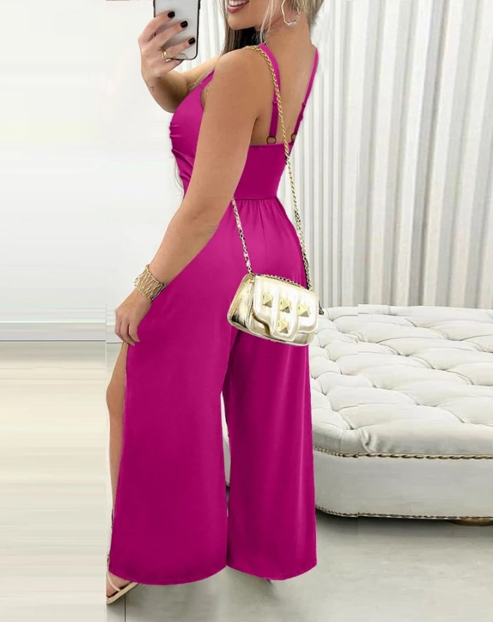 Jumpsuit Women 2024 Summer Fashion Twisted Slit Sleeveless V-Neck Casual Plain Daily Vacation Long Jumpsuit